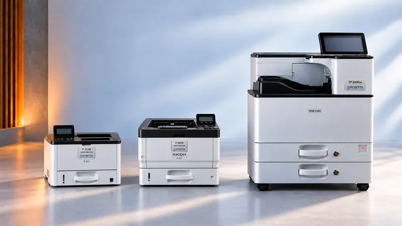 The P 311M, P 501M and SP 8400DNM workgroup MICR printers side by side on a studio sweep, from desktop to departmental
