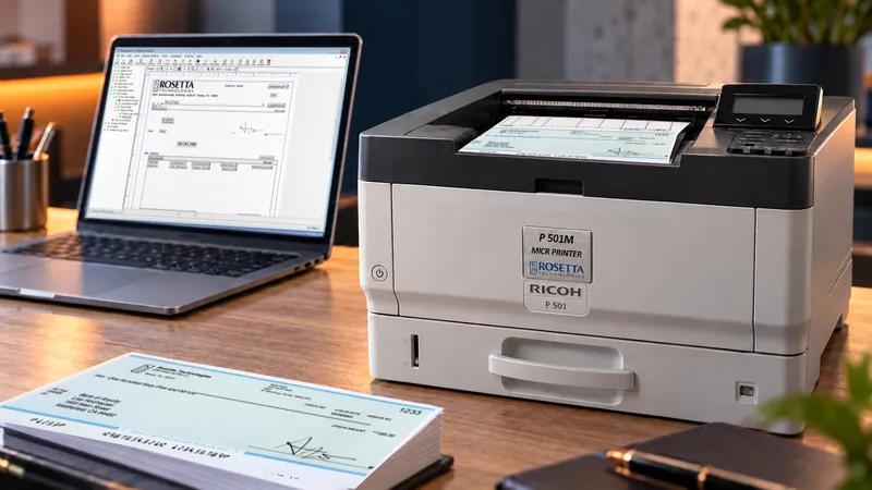 A laptop showing the CheckStream check design screen beside a P 501M MICR printer with a printed check in its output tray, and a stack of printed checks in the foreground