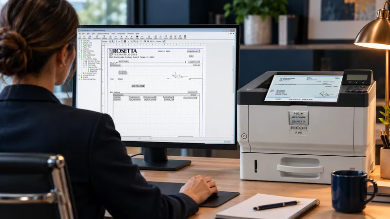 A finance professional at her desk designing a check on screen in CheckStream, beside a P 501M MICR printer with a printed check on it