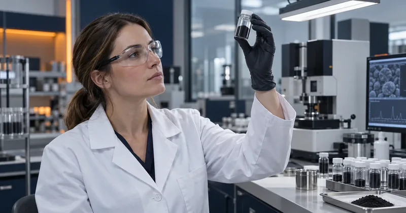 A technician in safety glasses and a lab coat holding a small vial of black toner up to the light, with analytical instruments and sample trays on the bench behind