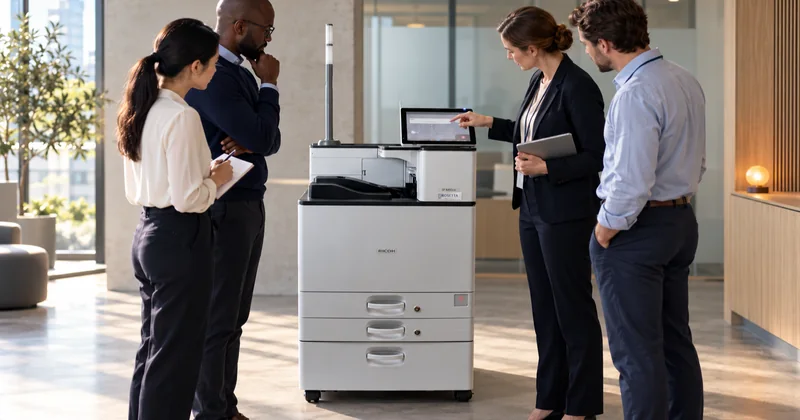 A small training room with a printer on a stand and four people standing around it, one demonstrating with a hand on an open panel