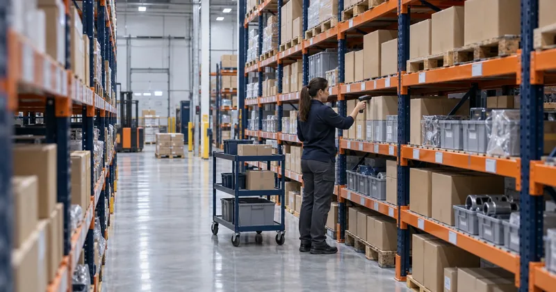 A parts and supplies warehouse with racking running away from the camera, plain cartons on the shelves, a picking cart in the aisle, and a staff member reading a shelf label