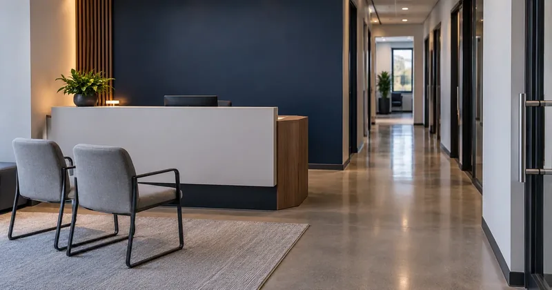 A small reception area with a plain desk, a single plant, and a corridor leading away, shot from the entrance with nobody in frame