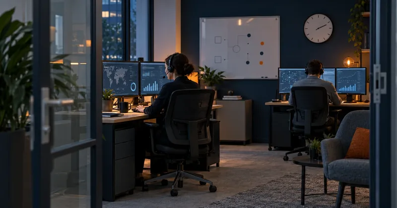 A small operations room seen through an open glass door, with two people at desks wearing headsets, monitors showing dashboards, and a whiteboard on the far wall