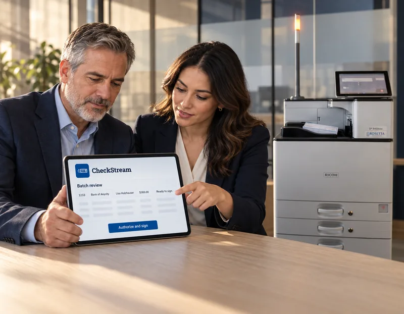 Two members of a finance team review a check batch in CheckStream on a tablet while a Rosetta Technologies SP 8400DNM MICR printer prints the batch behind them