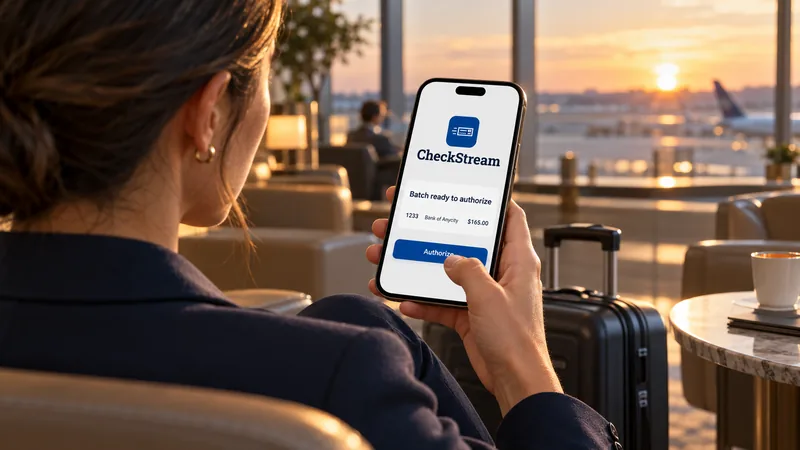A treasury manager authorizes a CheckStream check batch on her phone while traveling, away from the office and the printer