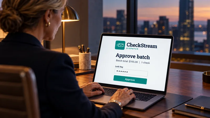A Signing Officer approves a CheckStream Dispatch check batch with her Lock Key before the checks are printed and mailed