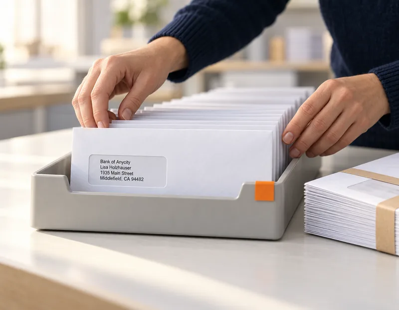 Sealed check envelopes are squared into an outgoing mail tray, with a banded bundle of checks packed for a single destination beside them