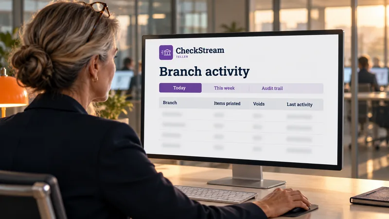 A branch operations manager reviews teller printing activity across the branch network in CheckStream Teller
