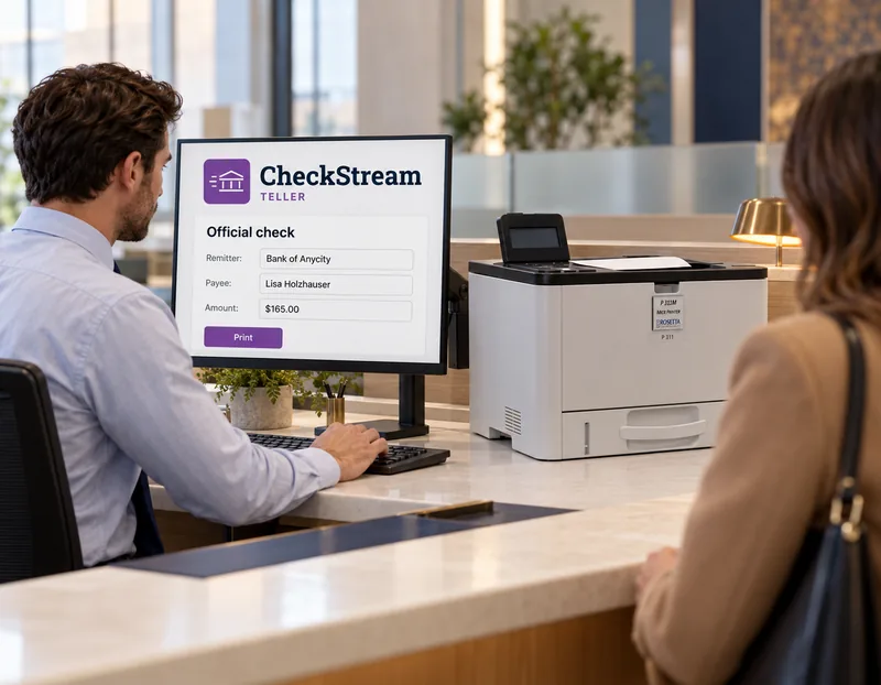 A bank teller prints an official check in CheckStream Teller on a Rosetta Technologies P 311M MICR printer at the counter while the customer waits
