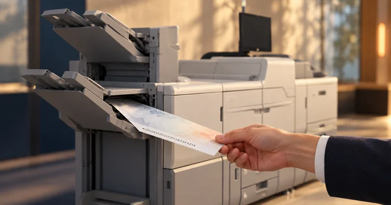 A five-station color production press with its front covers open, showing the toner stations lined up along the engine