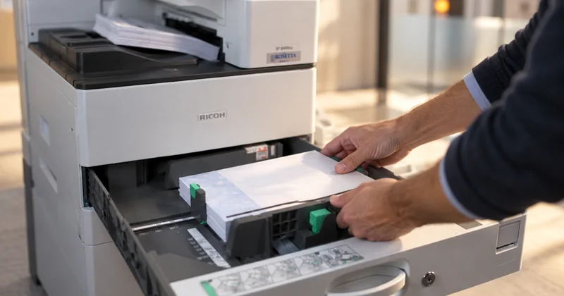 A large-capacity input drawer pulled out from a workgroup MICR printer, loaded with a full ream of blank stock