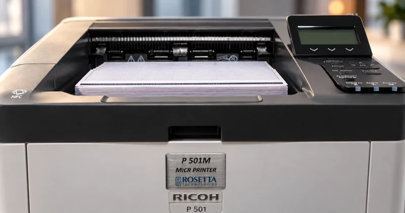 A squared stack of freshly printed checks in the output tray of a production printer, the magnetic code line visible along the bottom edge of the top sheet