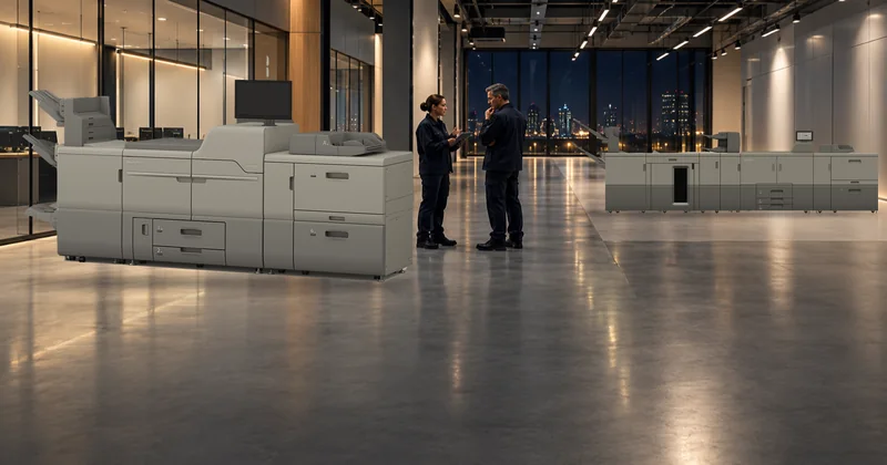 A production print floor with a Pro 8410M and a Pro C7500PM in service and two operators talking beside the line
