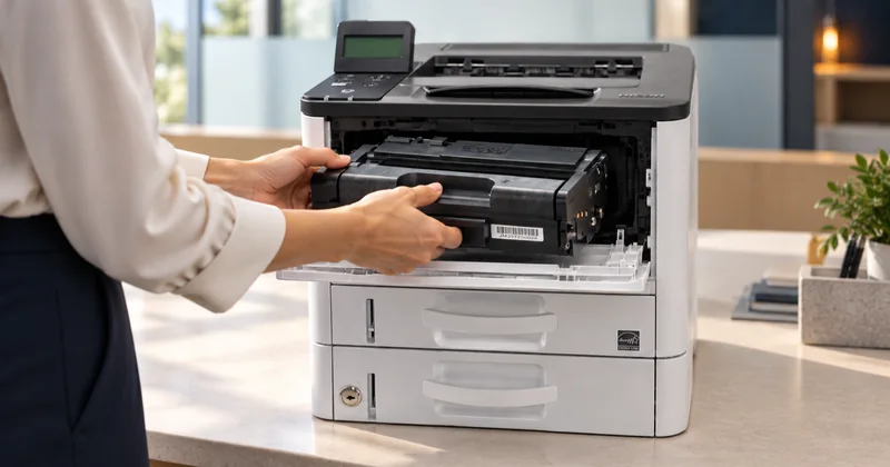 A gloved hand sliding a toner cartridge into the open front bay of a MICR printer, with the developer unit visible behind it