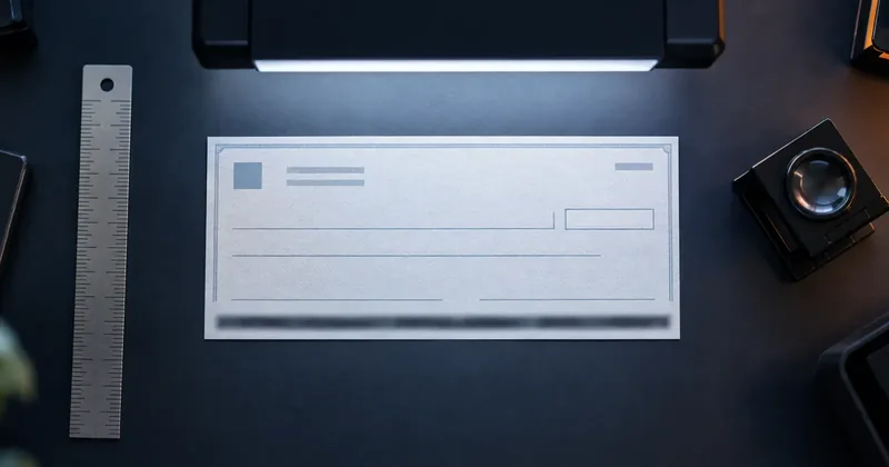 A check lying flat on a bench under a copy light, photographed from directly above, with a metal ruler and a loupe laid beside it