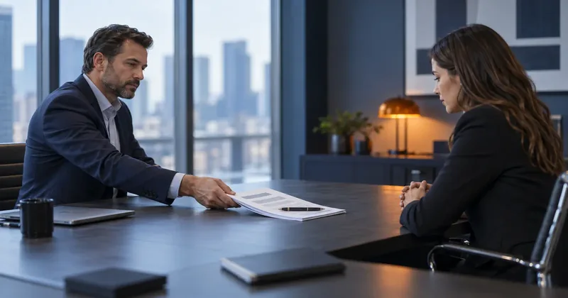 Two people at a table, one sliding a printed multi-page document across to the other with a pen resting on the top sheet