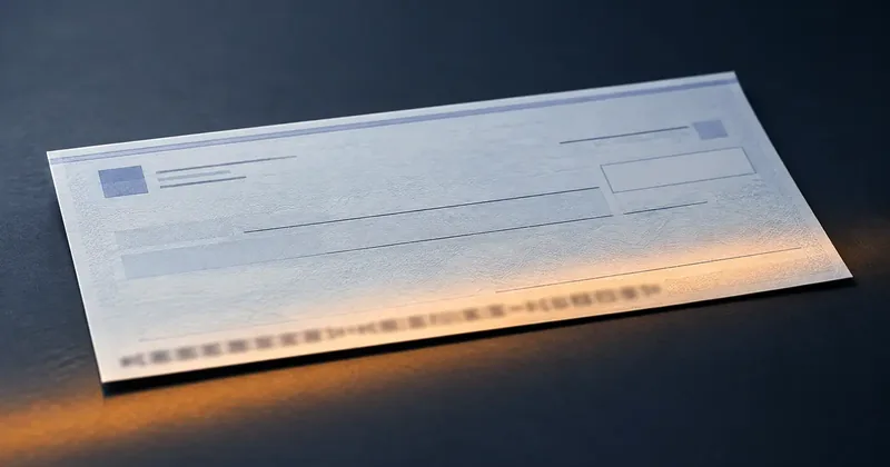 A single check lying at a slight angle on a dark surface, lit so the paper texture reads, with the magnetic code band along its lower edge falling just out of focus