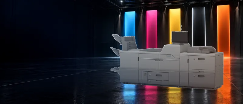 A Rosetta Technologies Pro C7500PM five-color MICR printer in a dark production hall, five tall bars of cyan, magenta, yellow, black and ember light behind it