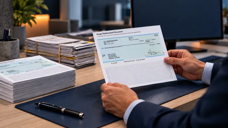 Hands holding a printed Image Replacement Document that carries the image of the original check and its own MICR line, with stacks of IRDs on the desk