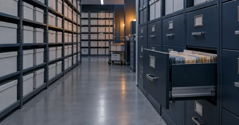 A quiet room of neatly aligned archive boxes and filing drawers with one drawer open, lit cool and even