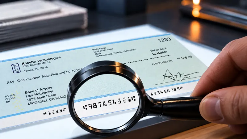 A magnifying glass over the E-13B MICR line of a printed check, every character sharp at the edges