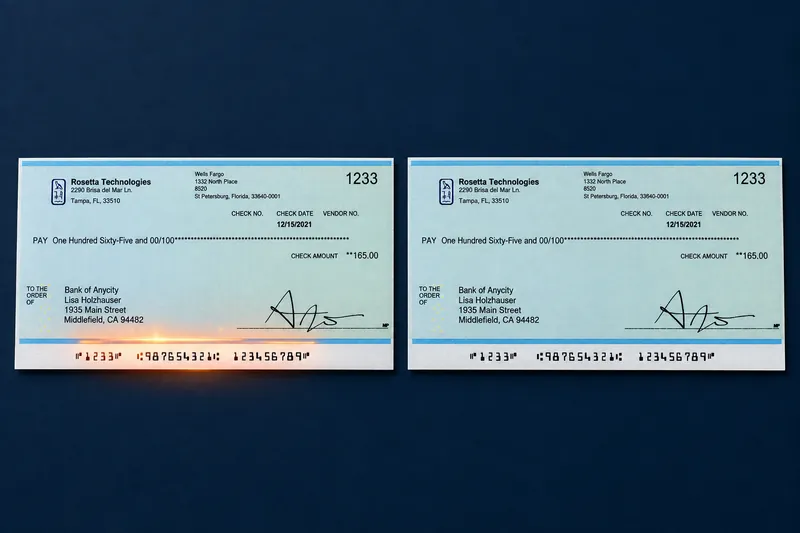Two checks that look identical side by side on a navy surface, a line of ember light along the MICR line of only the left one