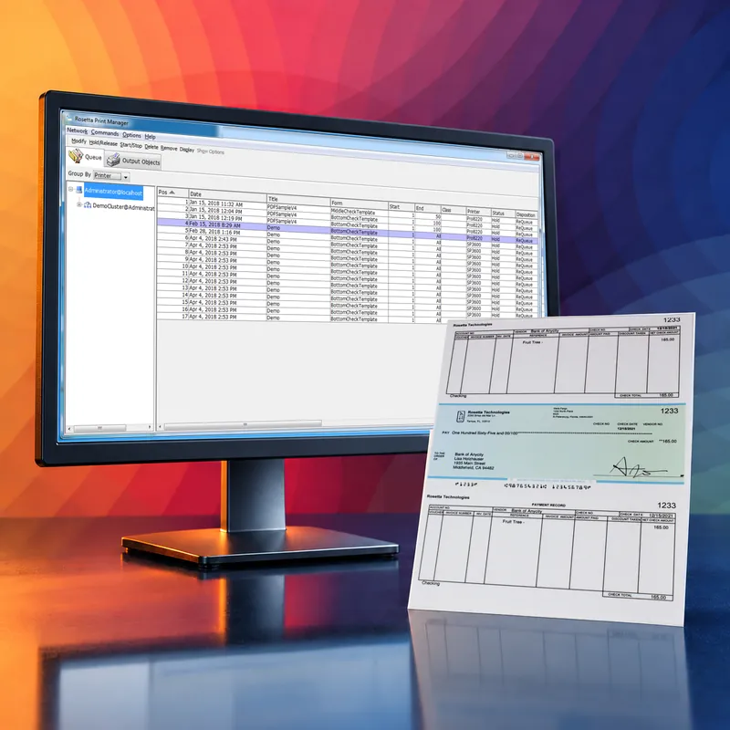 A monitor showing a check print job queue beside a printed voucher check, on Rosetta Technologies' ember and violet brand art