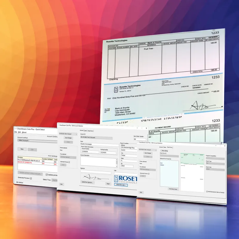 CheckStream account and check design screens beside printed voucher checks, on Rosetta Technologies' brand art
