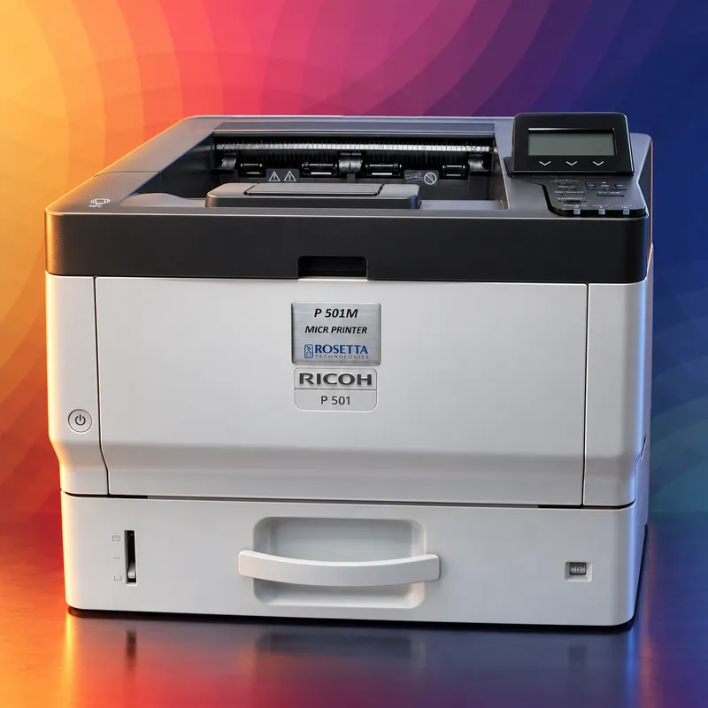 The P 501M desktop MICR printer on Rosetta Technologies' ember and violet brand art
