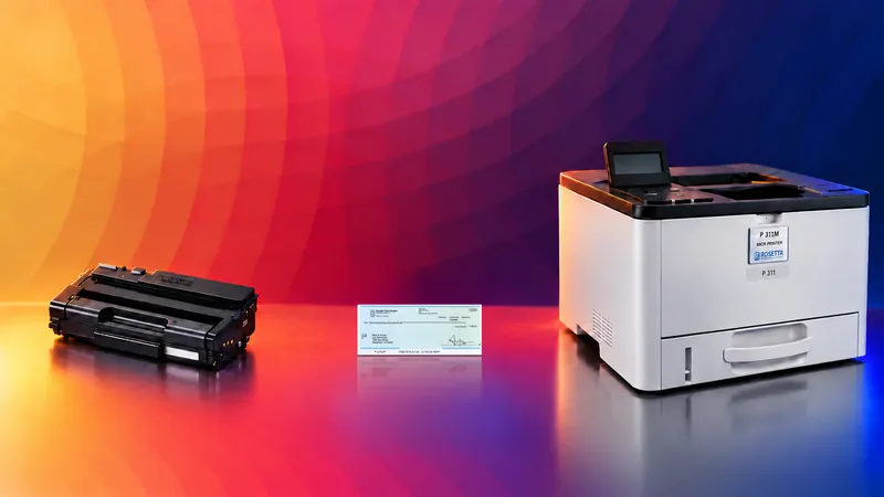 A MICR toner cartridge, a printed check and a P 311M desktop MICR printer on a reflective surface, against the ember and violet brand art