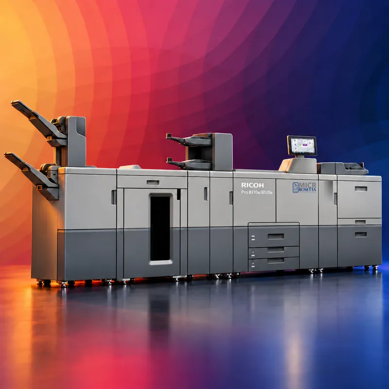 A Pro 8110e/8120e production MICR system with its finishers, on Rosetta Technologies' brand art