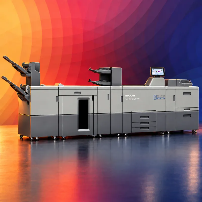 A Pro 8210/8220 production MICR system with its finishers, on Rosetta Technologies' brand art