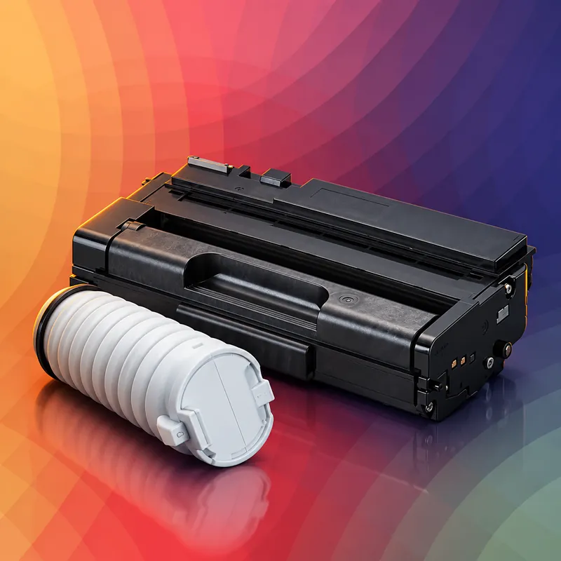 A MICR toner cartridge and a toner bottle on Rosetta Technologies' brand art