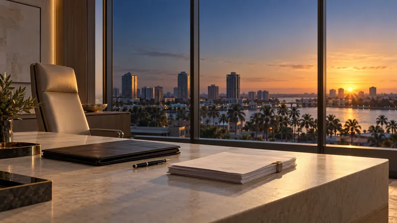 An executive office overlooking Tampa at dawn, a leather portfolio and a fountain pen on a stone desk