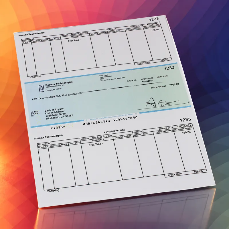 A printed voucher check with its payment record stubs, on Rosetta Technologies' brand art