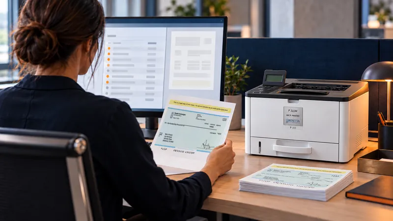 An operations specialist at her desk checking a printed Image Replacement Document, beside a desktop MICR printer and a stack of IRDs