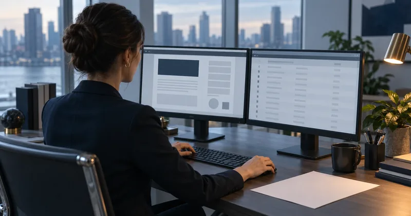 An operator at a two-monitor workstation composing a check document, one screen showing a page layout and the other a list of records