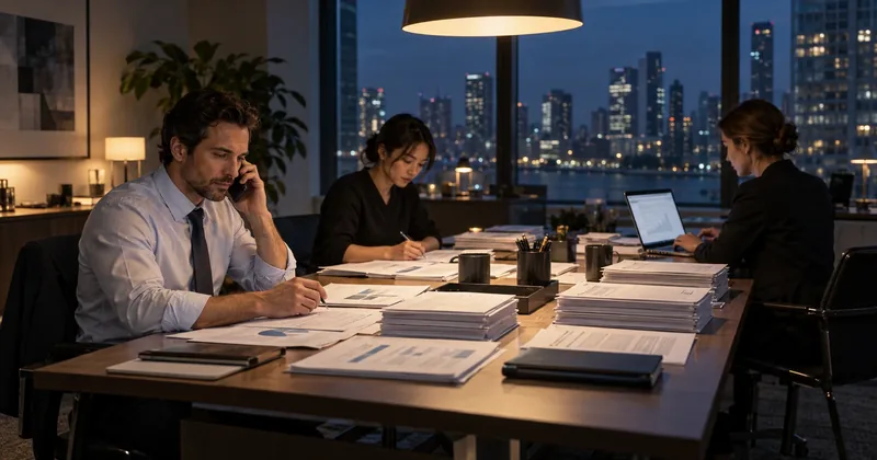Three finance staff working around a table covered with printed output and reconciliation paperwork in the evening, one on the telephone