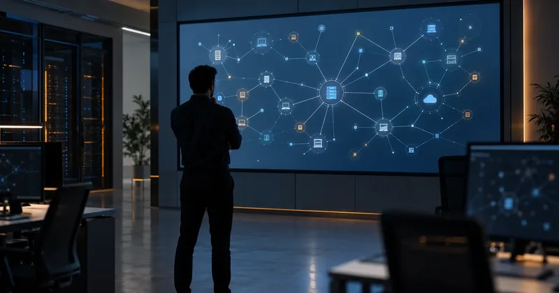 A technician standing in front of a wall display showing a network diagram of printers and servers connected to a central node