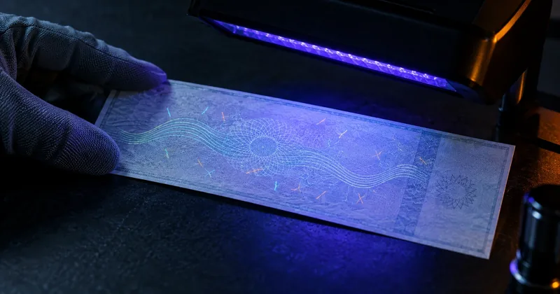 A gloved hand holding a sheet of check stock under an ultraviolet lamp, revealing a fluorescing fiber pattern and a watermark that are invisible in ordinary light