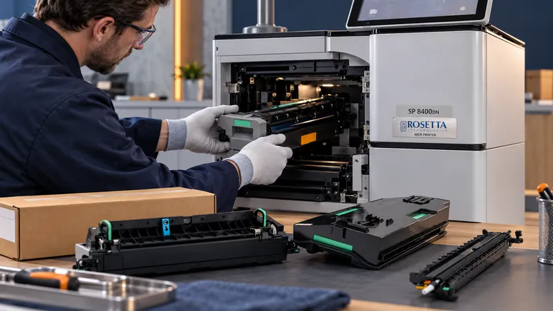 A technician in gloves replacing a unit inside an open SP 8400DNM, with the drum, transfer unit and roller from a maintenance kit laid out on the bench