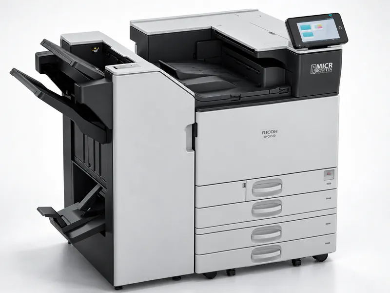 Rosetta Technologies IP C8500M color MICR printer with its finisher, on a white studio sweep
