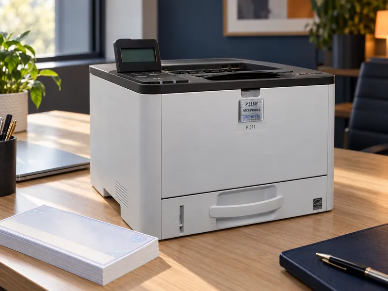 The P 311M desktop MICR printer on an office desk beside a stack of blank check stock