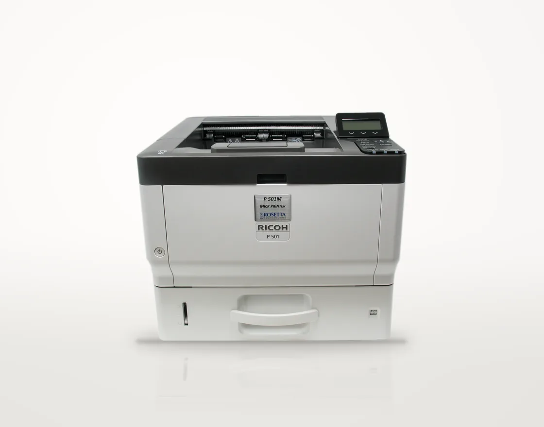 Rosetta Technologies P 501M desktop MICR printer with a 500-sheet tray
