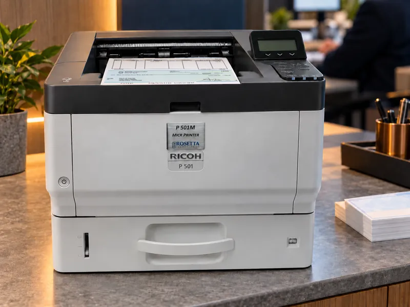 A printed check sheet resting in the recess of the P 501M output tray