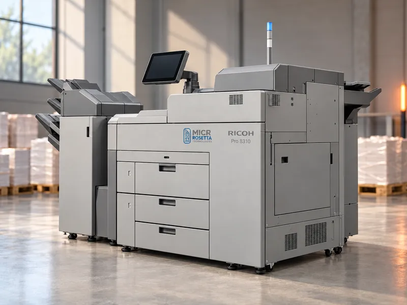 A Pro 8310M production MICR system with its finisher on a service bureau floor, pallets of paper behind it