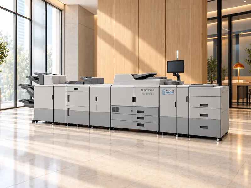 The Pro C7210XM five-color production MICR system on a bright production floor