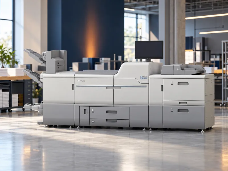 The Pro C7500PM five-color production MICR system on a bright production floor