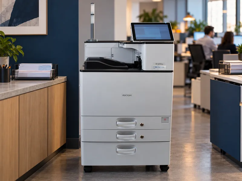 The SP 8400DNM workgroup MICR printer in an open-plan office